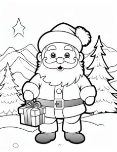 Simple easy toddler coloring pages, Black And White Pages, thick black lines on a Christmas houses Mountain and tree background, no shading, a friendly, Cute Christmas Santa, Draw a simple outline of the Cute Christmas Santa with no fill, wearing a costume, round eyes, plenty of open spaces for coloring, Version 18,