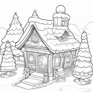 clean, simple, coloring book style, black and white page, cartoon christmas themes, fun, adorable, north pole ar 2:3