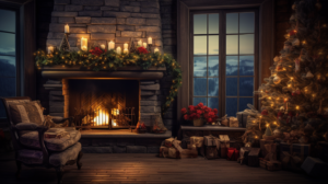 fireplace at night with lots of colored gift boxes, warm fireplace, lots of christmas trees, must have many gift boxes, in the style of atmospheric and moody landscapes, windows vista, naturalist aesthetic, new american color photography, romantic landscape vistas, atmosphere of dreamlike quality, vintage atmosphere, 32k uhd