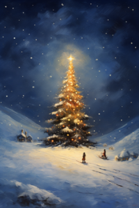 impressionist distant lighted christmas tree on a snowy hill under dramatic starlit skies with children sledding near the bottom of the hill