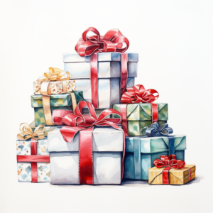 Introducing a stunning watercolor painting that will tantalize your eyes: a whole luscious group of wrapped boxes for christmas. This artwork showcases meticulously crafted illustrations in a clean style against a pristine white background, capturing the Christmas gifts intricate details with breathtaking precision. Through the use of high dynamic range (HDR) and hyperrealism techniques, this masterpiece brings the gift boxes to life, making it look unbelievably beautiful. The artwork is presented in high resolution (1000 pixels) to ensure every delectable element is showcased in its full glory. Rest assured, there are no watermarks, letters, or words to distract from the stunning beauty of this piece. Prepare to be captivated by the sheer loveliness of this Christmas presents painting