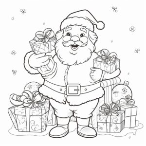 Create a black and white coloring book joyful page with jolly Santa WITH NO SHADING. Use minimalistic lines to draw Santa's outfit. Add simple added details in the background including a sack and presents. Leave plenty of space for colorists to add personality and vibrant colors