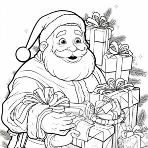 clean coloring book page of santaholding presents, cartoon style, black and white,