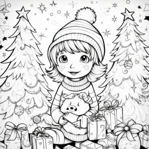 draw a page for a christmas coloring book in black and white that is relaxing and also allows a 4 year old to color in that focuses on a specific christmas niche, use simple lines that allow a 3 year old to color in, use a lineart design style.
