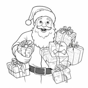 draw santa holding some christmas presents in black and white for a coloring book, make santa a cartoon, white background, minimal