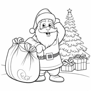 for a coloring book page draw santa holding his sack, cartoon style, easy to color in,