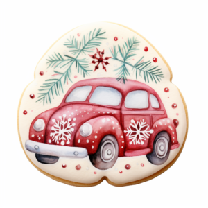 A Christmas cookie in the shape of a Christmas car and covered with icing, hand drawn watercolor in Scandinavian style in neutral colors and on a white background - Upbeta