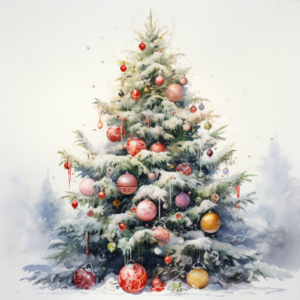 CHRISTMAS TREE BY Liu Yi, AQUARELL, bright ornaments and balls on tree