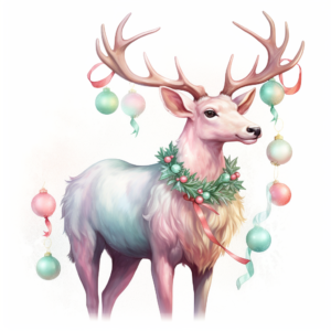 Pastel illustration of Santa's reindeer with Christmas decoration on white background, sketchfab, alan lee, concept art, birthday festive, realistic painting style, Pastel Mint Green & Pastel Blush Pink & Pastel Ruby Red Light, high detail, texture-rich, 32k uhd, sparkling Colors, Romantic gestures, vintage colors, Vectorized with white background