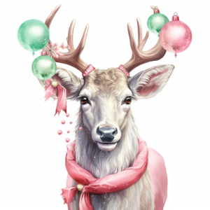 Pastel illustration of Santa's reindeer with Christmas decoration on white background, sketchfab, alan lee, concept art, birthday festive, realistic painting style, Pastel Mint Green & Pastel Blush Pink & Pastel Ruby Red Light, high detail, texture-rich, 32k uhd, sparkling Colors, Romantic gestures, vintage colors, Vectorized with white background