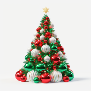 very bright white background+painted Christmas tree+red and green decorations