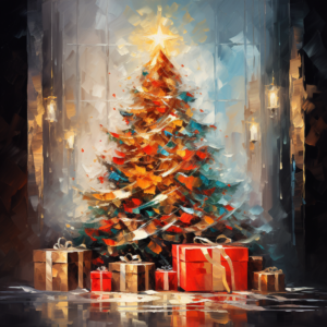 christmas, christmas tree, christmas gifts, christmas tree, oil paint strokes, oil painting, christmas atmosphere, warm colors, hd