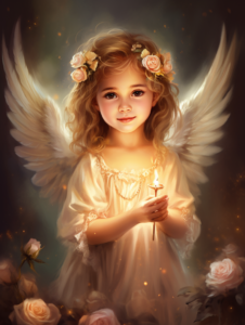 Cute little girl angel with beautiful wings, smiles and looks straight ahead, dreamy scene, little angel wears a glowing rose wreath on her head, holds a rose flower in her hand, golden fantasy background, bright background