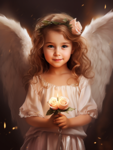 Cute little girl angel with beautiful wings, smiles and looks straight ahead, dreamy scene, little angel wears a glowing rose wreath on her head, holds a rose flower in her hand