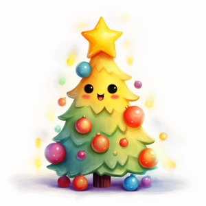 a cute little Christmas tree with colorful baubles and a yellow star on top
