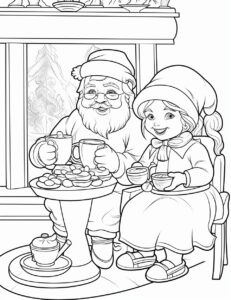 Santa Claus and Mrs. Claus drinking chocolate by the fireplace , coloring book for kids, cartoon style, no grayscale, simple and easy to color, black lines and white background ,