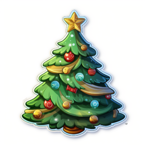 christmas tree, cute, die-cut sticker, isolated on white background, disney, pixar, sticker