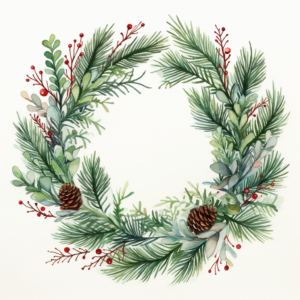 christmas wreath with a lot of pine branches, loose watercolor, muted colors, green and a little bit of red