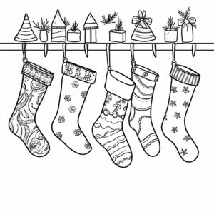 cartoon simple, basic, minimalist, coloring pages Christmas socks hanging over fireplace on white background
