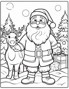 a coloring page with a santa clause standing with reindeer, a drawing by Lichtenstein, shutterstock, plasticien, outlined art, flat shading, childs drawing, cartoon style, low detail