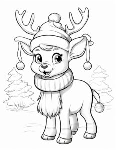 a coloring page for kids, a cute Reindeer wearing a santa hat, thick lines, low detail, no shading