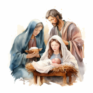 watercolor full nativity scene clipart, high quality, make it look very realistic and be creative, white background