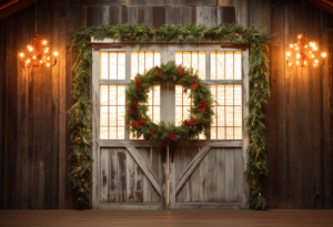 a wooden barn door with white fir trees and red wreath, in the style of softbox lighting, installation-based, large canvas sizes, southern gothic-inspired, dark white and white, 32k uhd, light amber and green