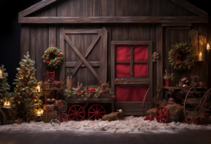 christmas scene set with wooden barn backdrop in front row in natural light, in the style of dark brown and crimson, mysterious backdrops, craftcore, cottagepunk, argus c3