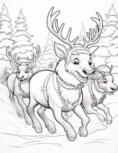 A group of cute reindeer giving their friends a joyful sleigh ride through the snow-covered landscape for a coloring book with crisp lines and white background