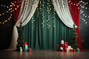 Christmas studio photo backdrop, no people, Christmas tree, christmas party, fairy light garland, red and green and white bold colors, sharp focus, symmetrical, stock photo,