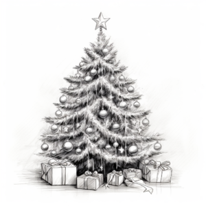 a realistic pencil sketch of a christmas tree with a star ontop decorated in tinsel, baubles lights and decorations on a clean white background