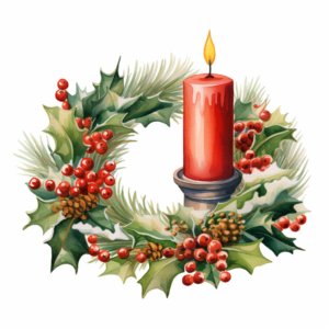 christmas wreath with candle and holly, in the style of tondo, rinat voligamsi, ferrania p30, lucien pissarro, adventurecore, naturecore, decorative borders, white background
