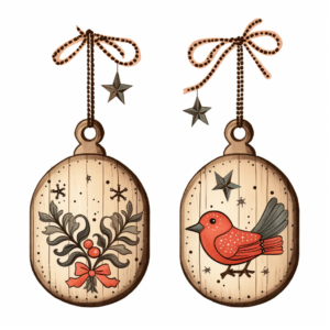 set of 2 cute primitive weathered wood christmas ornaments clip art illustrations ,