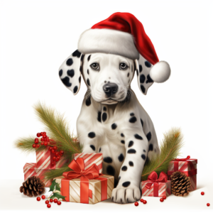 Photorealistic Dalmatian puppy in Christmas Spirit wearing a hat, surrounded by Christmas branches, and gifts. White Background