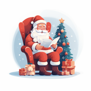 Illustration of Santa Claus sitting in a chair and reading a letter, there is a Christmas tree next to it, in flat style, ui illustration, minimalism, white background, bright color