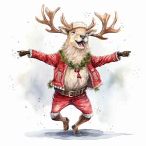Reindeer doing a silly dance to entertain Santa and the elves , watercolor, isolated on a white background, christmas vibes, high quality, detailed ,realistic ,rtx on,digital illustration, clipart,