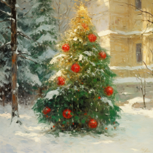 the beautiful Green Christmas tree, decoration gold and red decorative ball,in the snow,an abstract painting,oil painting.childe hassam--s 250