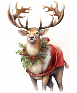 watercolor image of Santa's reindeer, show full body of the reindeer, clipart, there is christmas greenery on his antlers, he has leather reins on his neck with shiny gold bells and a cute grin, high resolution, extreme detail,