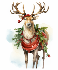watercolor image of Santa's reindeer, show full body of the reindeer, clipart, there is christmas greenery on his antlers, he has leather reins on his neck with shiny gold bells and a cute grin, high resolution, extreme detail,