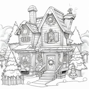 coloring page for kids, christmas house, cartoon style, tick lines, white and black, low detail, no shading, ar--9:11