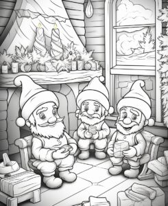coloring page for kids, santa little helpers in a cozy environment, thick lines, low details, no shadow, pixar style, easy to color,