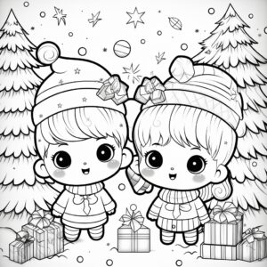 black and white christmas coloring book page, cute kawaii christmas