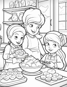 Coloring book for kids, A scene of a kitchen filled with people baking gingerbread cookies and other treats, cartoon style, thick lines, Low detail, no shading