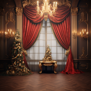 digital background featuring luxurious drapery with Christmas theme with a beautiful Christmas Tree and Decorations| FLOORING:parquet| TAGS: opulent decorations| Color Palete: Gold|LIGHTING:bright natural lighting|photorealistic,high quality--ar 35:23--v 5.1