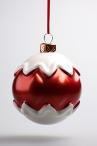 isolated, Christmas tree toy in the form of a ball, glossy, red and white color, clear edges, white background, soft light, light falls from the left, aperture 16, macro, sharp, studio light, 8k resolution, stock photo, professional color grading, hyper realistic, detailing