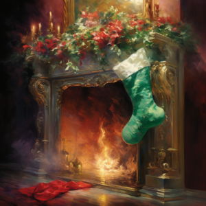 A Christmas stocking, with its festive colors and fluffy trim, hung by the fireplace, eagerly waiting to be filled with gifts and treats, wide light, Impressionism, 16k, high detail