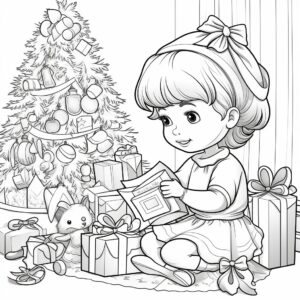 Could you draw cozy scenes of families decorating Christmas trees and wrapping presents? coloring book for toddler, black and white, solid white background, thick line