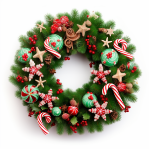 green christmas wreath with Red Berries, Wooden Stars and Candy Canes isolated on white background