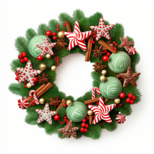 green christmas wreath with small Red Berries, Wooden Stars and Candy Canes isolated on white background