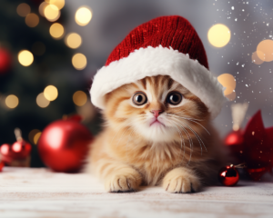 cat in a santa hat, on a plain background, space for text, realistic image, photography, 4k,